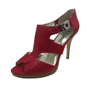 Alfani Women’s Red Peep Toe Stiletto Heels Faux Snakeskin Zip Back Size 10